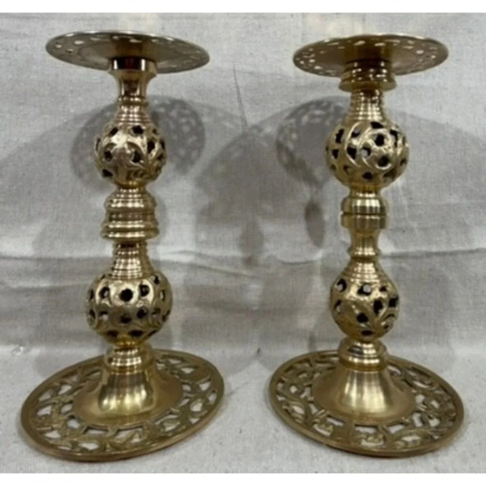 Vintage Brass Openwork Lattice Candlestick Holders Ornate Pierced Set of 2 9in